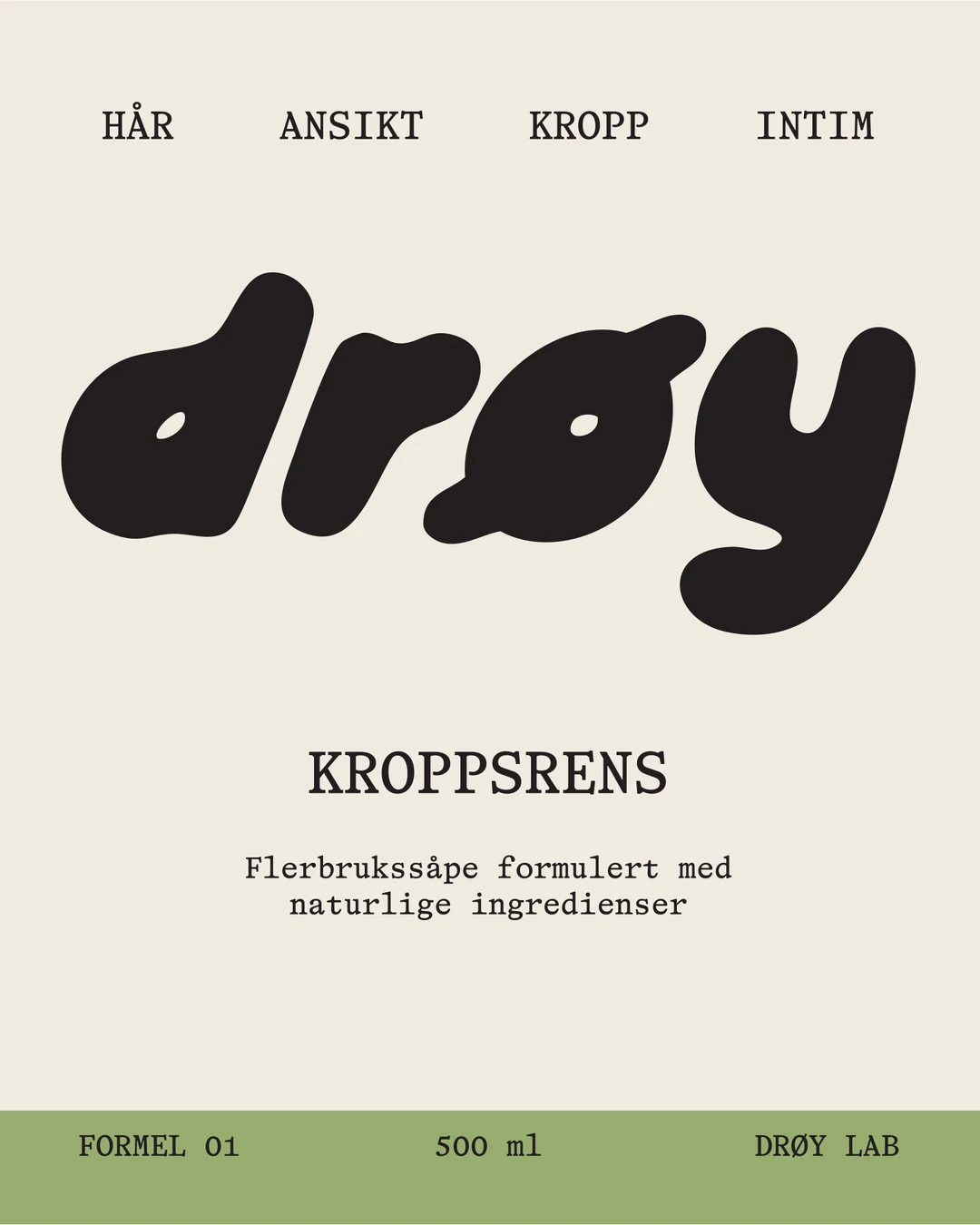 Forsiden av etiketten: DRØY-logoen over Kroppsrens, med Hår, Ansikt, Kropp og Intim øverst