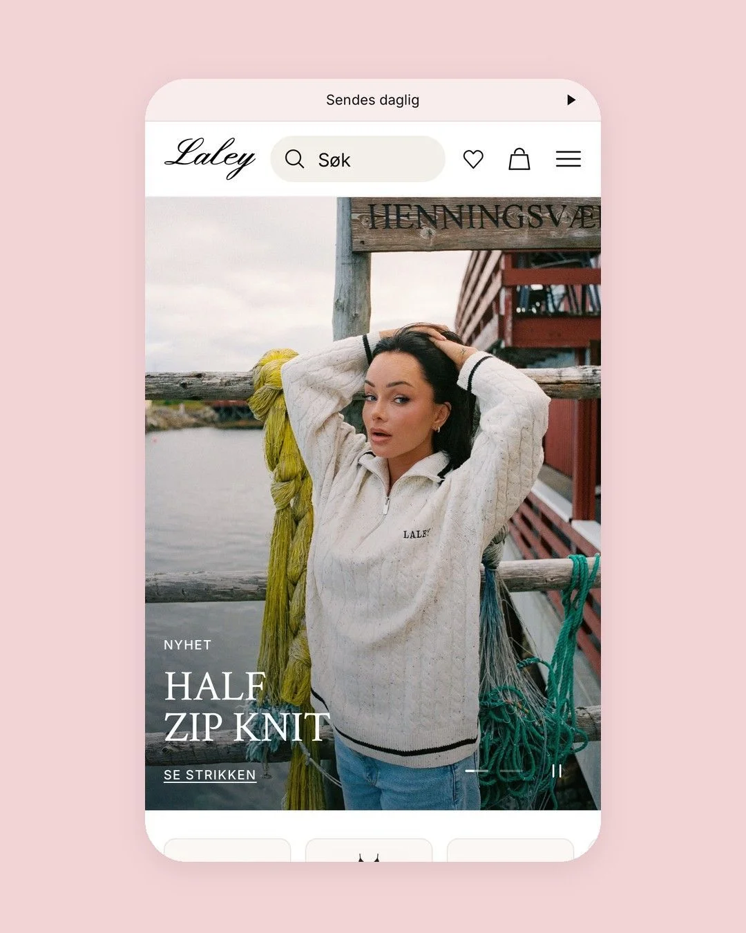 Laleys nettbutikk på mobil mot rosa bakgrunn