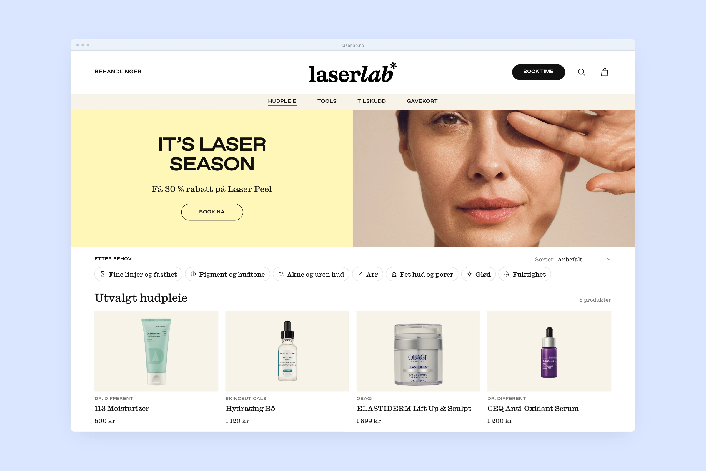 Laserlabs nettside i en browser-ramme, med kampanjebilde, sortering etter hudens behov og hudpleieprodukter