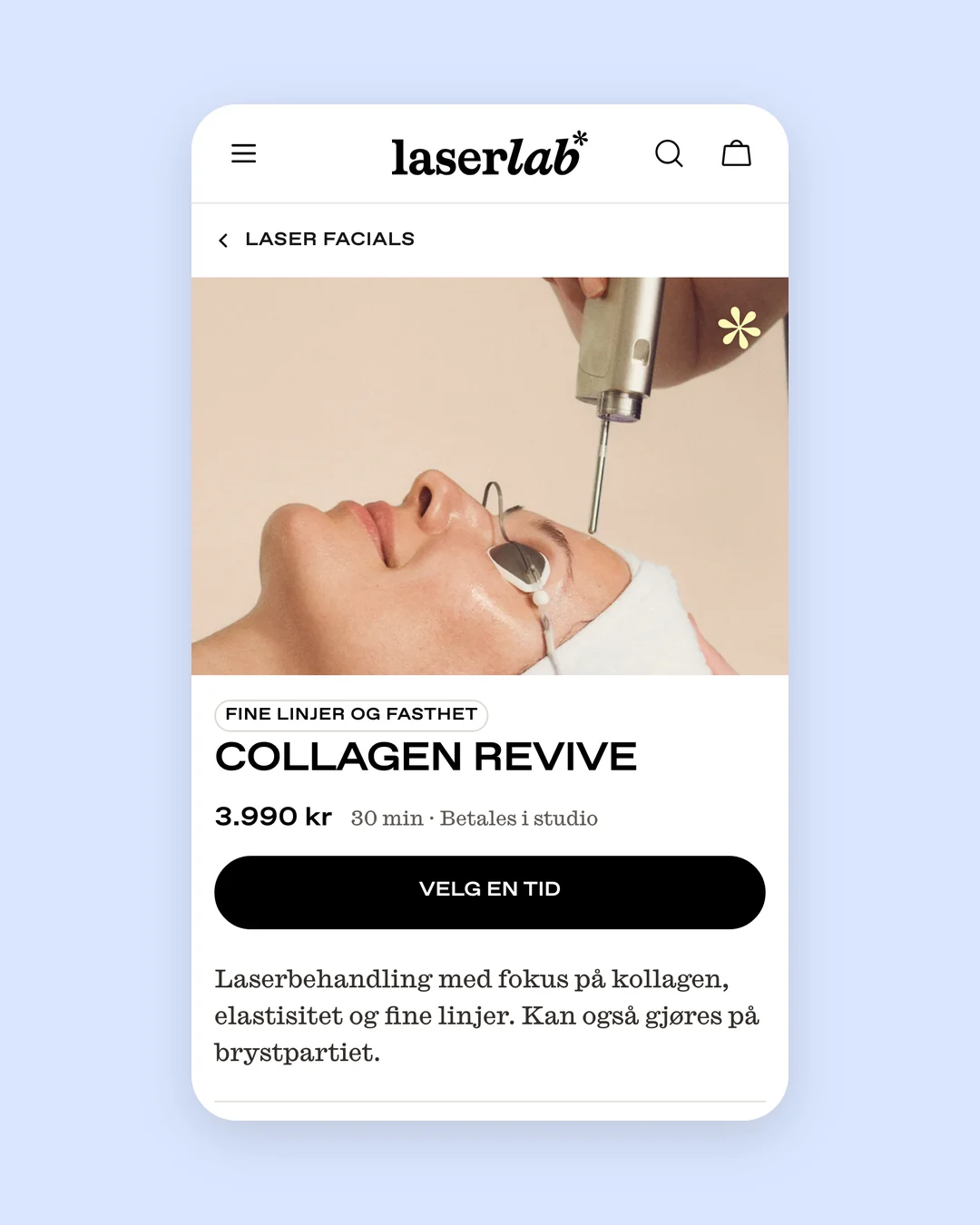 laserlab.no på mobil: behandlingssiden for Collagen Revive, med bilde fra behandlingen