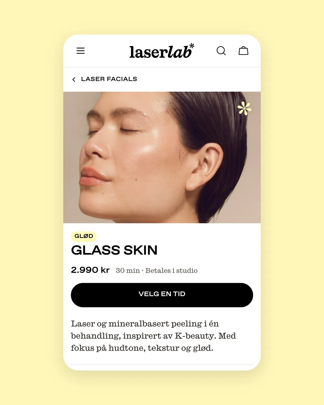 laserlab.no på mobil: behandlingssiden for Glass Skin, med pris og timebestilling