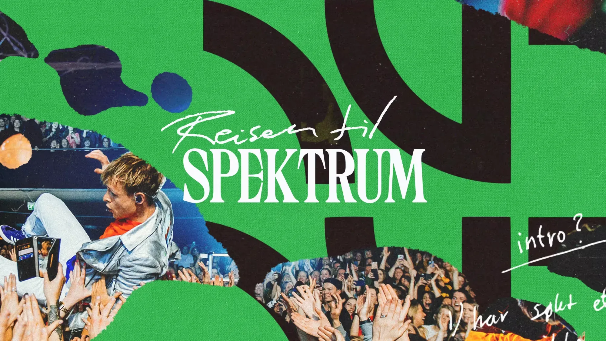 Reisen til Spektrum: tittelen over SJ-buene på grønt, revet opp mot bilder fra konsertene